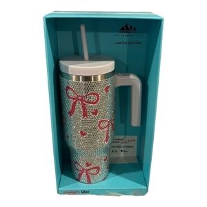 🔹️HYDRAPEAK 40 OZ Limited Edition Silver Rhinestone Bling Pink Bow Tumbler NEW!